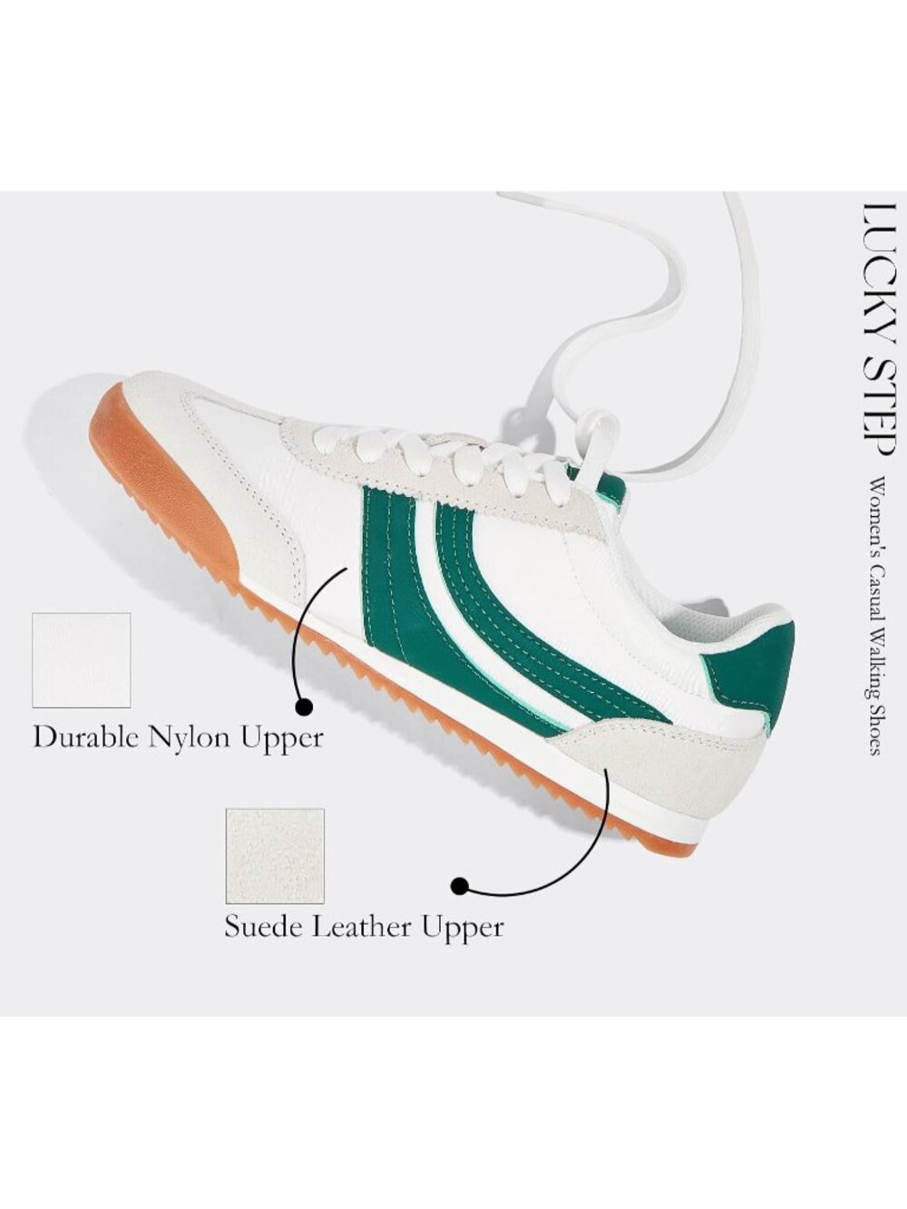 Women's White/Green Lightweight Thin Sole Lace up Anti Slip Retro Sneakers - Picture 4 of 6
